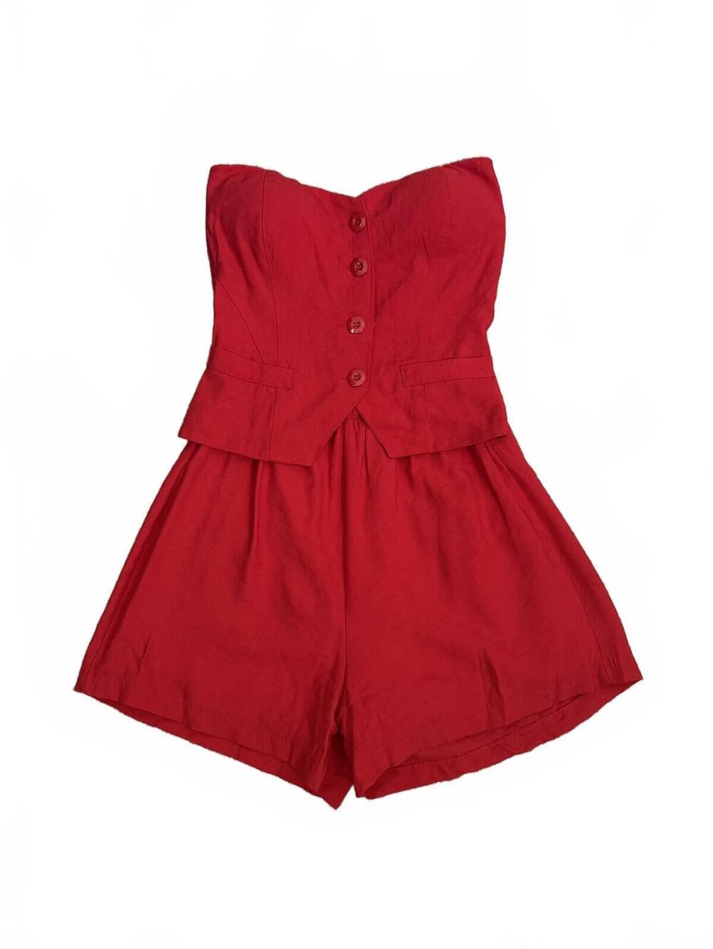 Red Strapless Button-Front Viscose‎ Romper Size G/small